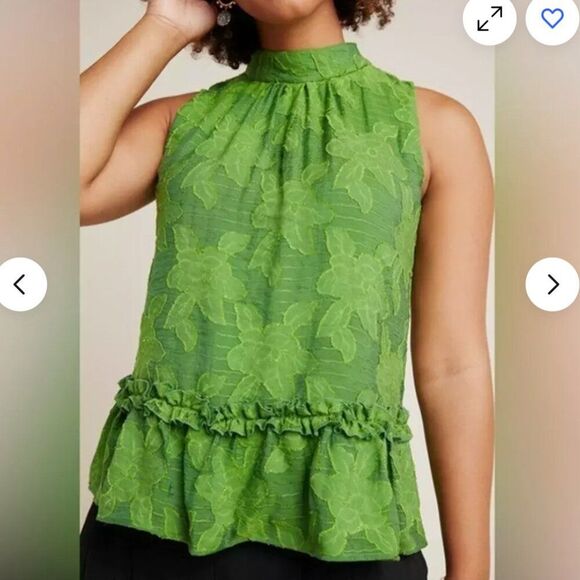 Maeve Tops - ANTHROPOLOGIE (Maeve) Savannah Peplum Textured Floral Blouse, Green, Size 4